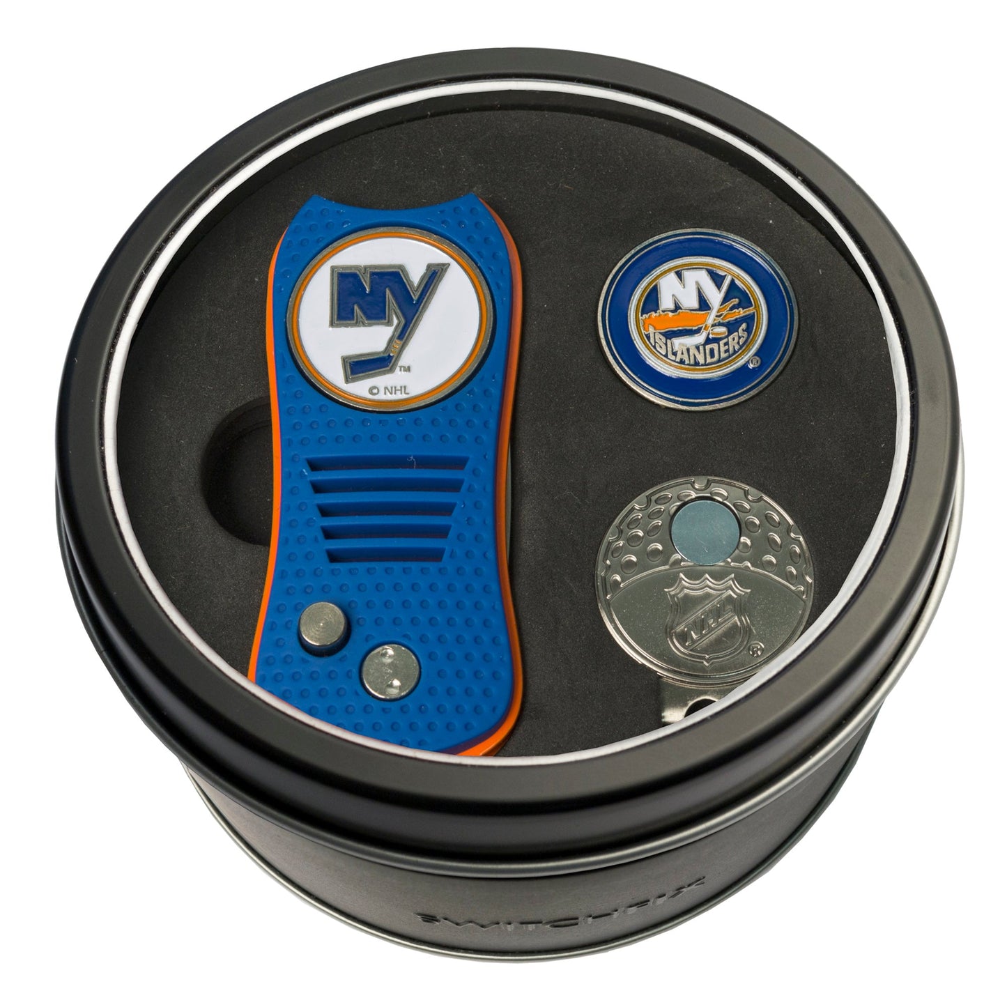 New York Islanders Switchblade Divot Tool + 2 Ball Marker Tin Gift Set